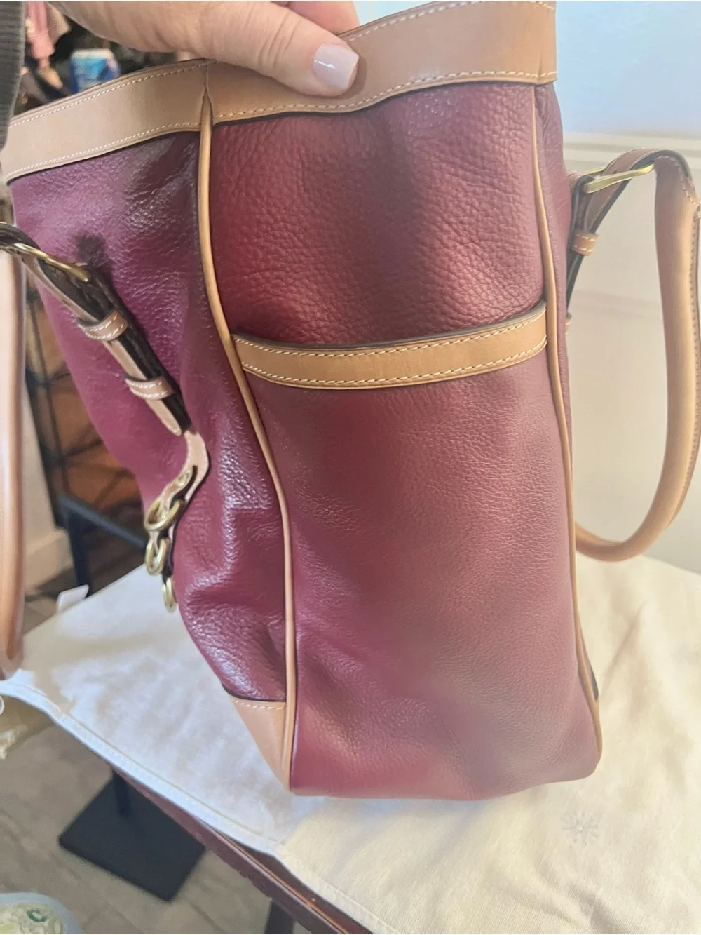 Ghurka Burgundy and Tan Leather Shopper Tote